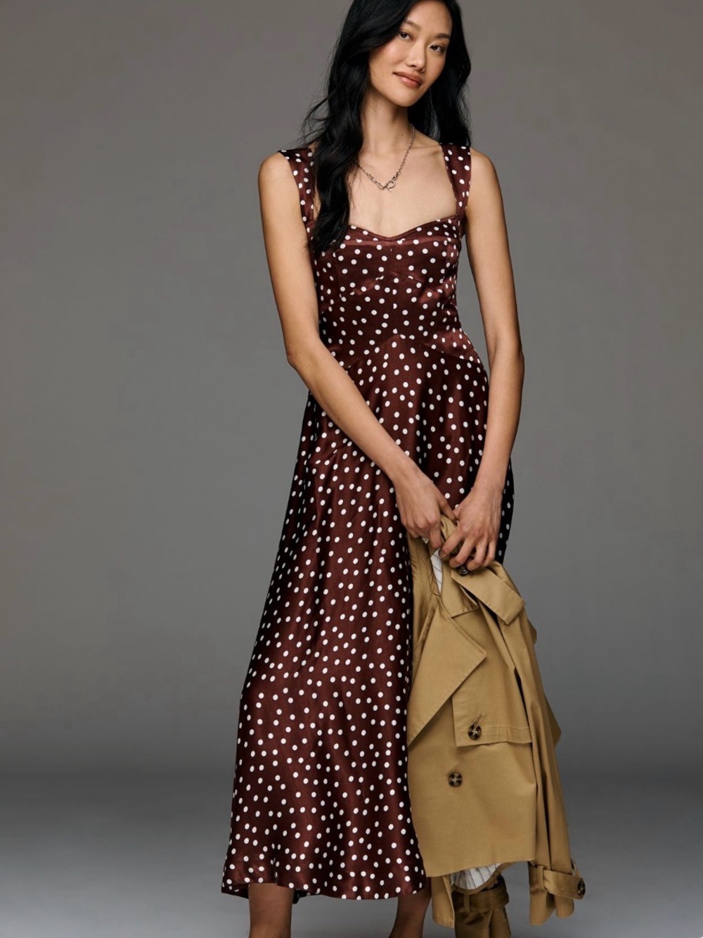 Anthropologie Maeve Sleeveless slip dress Polka Dot Satin Midi Dress - Picture 2 of 4